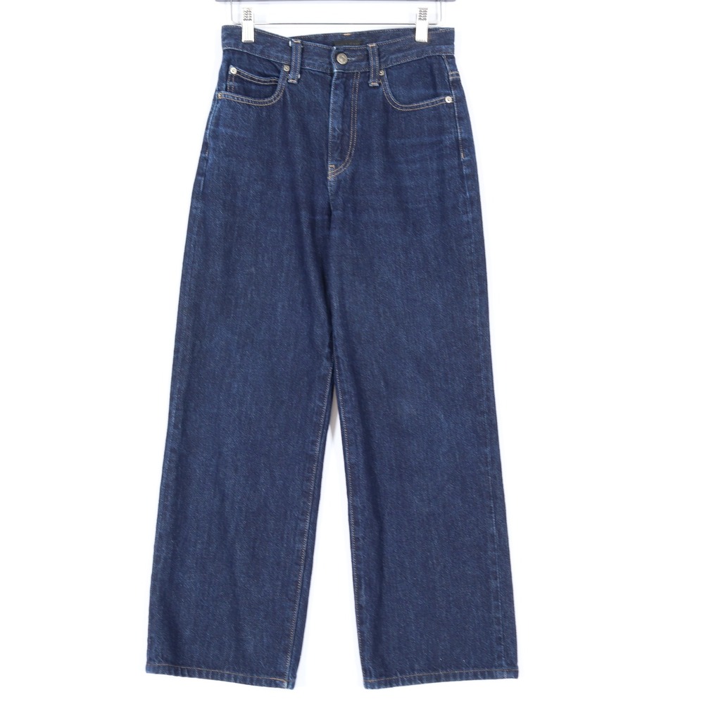 Uniqlo Wide Leg Jeans Womens 23 Dark Blue High Rise Straight Denim Cropped